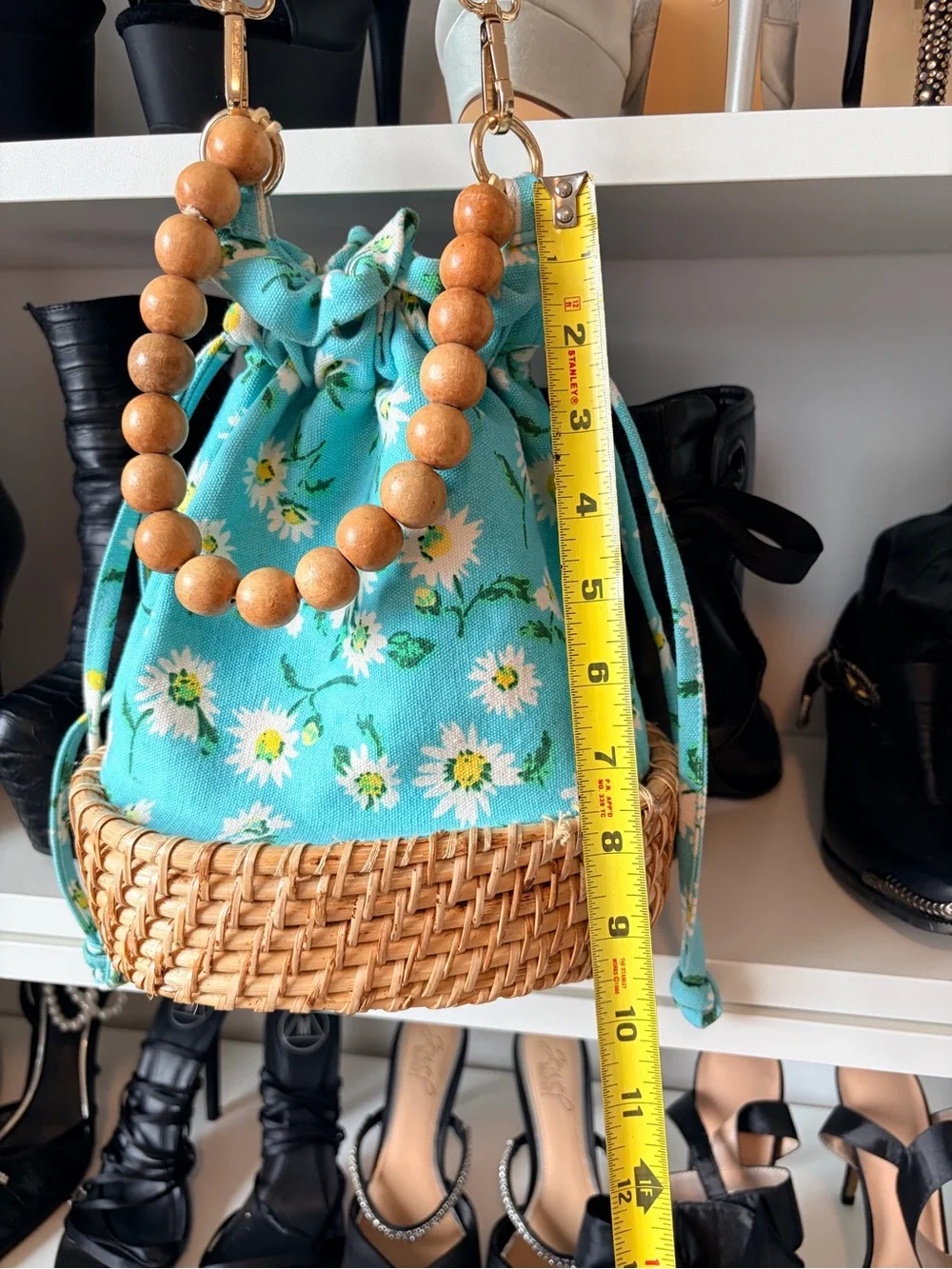 C&C California Blue Daisy Woven Bucket Bag with Tan Strap